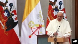 Pope Francis delivers a speech during a meeting with government authorities, members of civil society and the diplomatic corps, at La Moneda presidential palace in Santiago, Chile, Jan. 16, 2018.