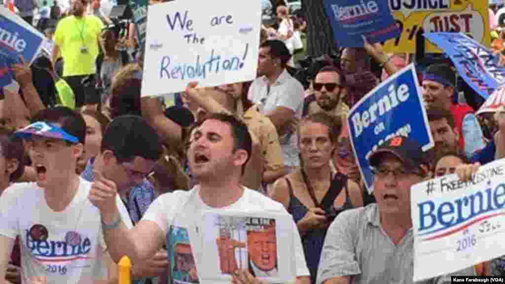 Bernie Sanders supporters protest outside the site of the DNC convention in Philadelphia.