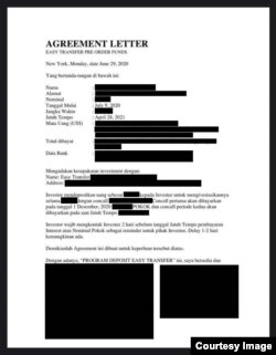 Salah satu surat perjanjian penipuan investasi dengan Skema Ponzi (foto: courtesy).