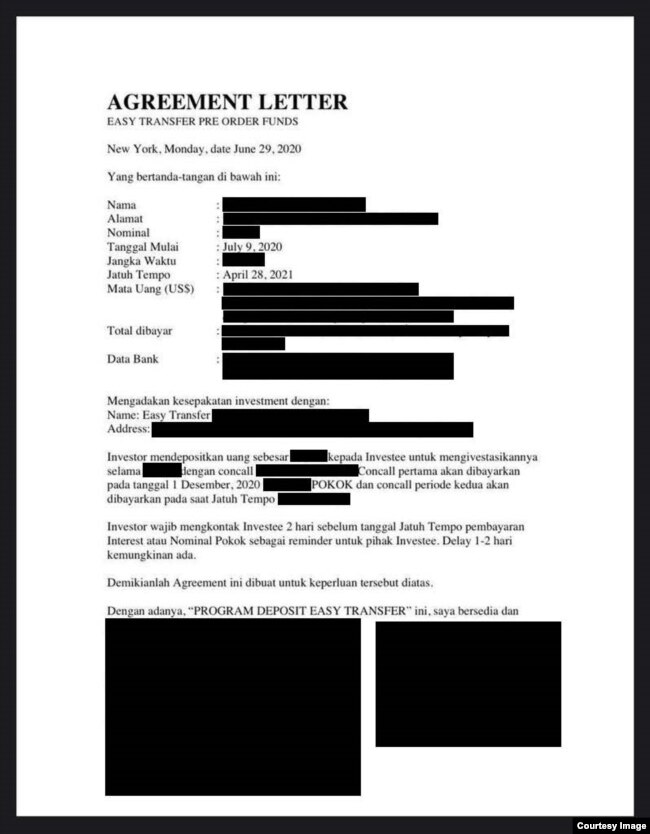 Salah satu surat perjanjian penipuan investasi dengan Skema Ponzi (foto: courtesy).