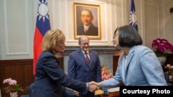 台灣總統蔡英文2019年4月28日在總統府會見美國民主黨參議員庫恩斯（圖中）與參議員哈桑 （左一）（台灣總統府照片）
