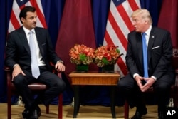 President Donald Trump meets with Qatar's Emir Sheikh Tamim Bin Hamad Al Thani at the Palace Hotel during the United Nations General Assembly, Sept. 19, 2017, in New York.