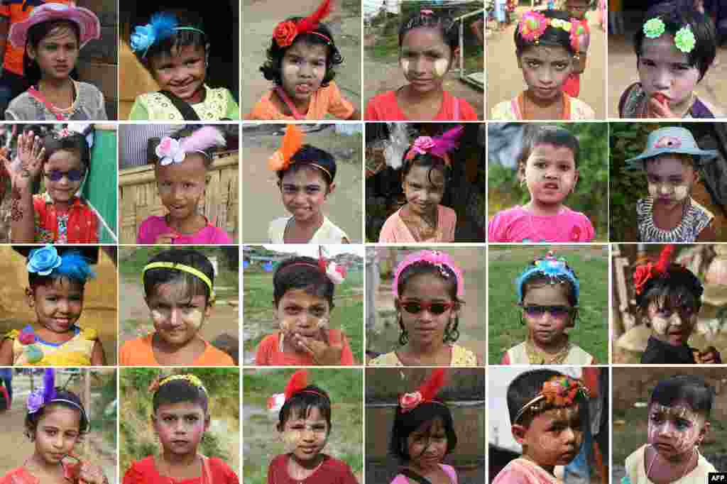 In this combination of images taken on August 22, 2018, young Rohingya refugee girls pose with their new clothes and make-up during Eid Al-Adha festival at Balukhali refugee camp in Ukhia district near Cox&#39;s Bazar. Nearly one million Rohingya Muslims marked Eid al-Adha on August 22 in the world&#39;s largest refugee camp, almost a year to the day since a brutal military crackdown drove the persecuted minority from Myanmar in huge numbers.