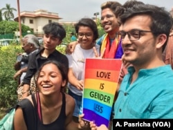 The LGBT community celebrates outside the Supreme Court in New Delhi, India, after it scrapped a law that criminalizes gay sex, Sept. 6, 2018.