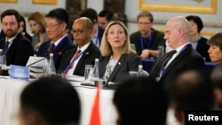 U.S. Under Secretary of State Andrea Thompson, center, delivers her opening remarks during a Treaty on the Non-Proliferation of Nuclear Weapons conference in Beijing of the U.N. Security Council's five permanent members, Jan. 30, 2019.