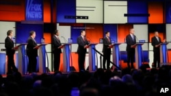 The Republican presidential debate gets underway at the Iowa Events Center in Des Moines, Iowa, Jan. 28, 2016.
