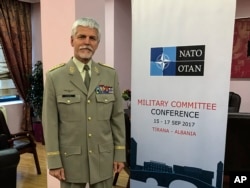 Gen. Petr Pavel, head of NATO's Military Committee, poses during an interview with the Associated Press, in Tirana, Albania, Sept. 16, 2017. Pavel said the Zapad 2017 military maneuvers being conducted now by Russia and Belarus could be seen as "a serious preparation for big war."