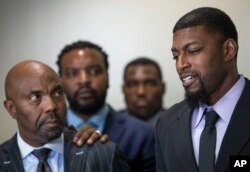 Alongside attorneys, Odell Edwards, right, father of Jordan Edwards, speaks to reporters at the Frank Crowley Courts Building in Dallas, on Aug. 28, 2018, after a Dallas County jury found Roy Oliver, a former Balch Springs police officer, guilty of murder.