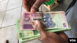 A man in Harare holds bondnotes issued by Reserve Bank of Zimbabwe, Oct. 15, 2018. The introduction of bond notes - a currency Zimbabwe started printing two years ago to ease the situation -- has not helped. (C.Mavhunga/VOA)