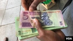 FILE: A man in Harare holds bondnotes issued by Reserve Bank of Zimbabwe, Oct. 15, 2018. The introduction of bond notes - a currency Zimbabwe started printing two years ago to ease the situation -- has not helped. (C.Mavhunga/VOA)