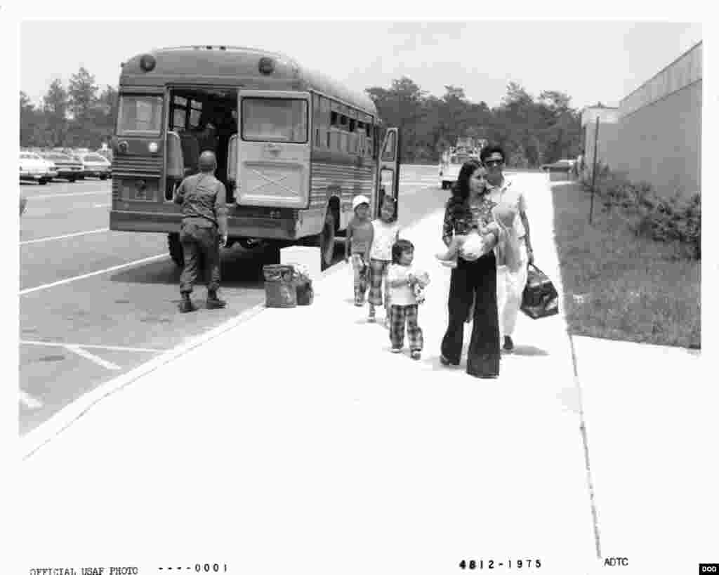 Photo of refugees at the Vietnamese Refugee Processing Center at Eglin Air Force Base in 1975.