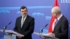 Tunisian Prime Minister Ali Larayedh (L) and European Council President Herman Van Rompuy participate in a press conference at the EU Council building in Brussels, June 25, 2013.