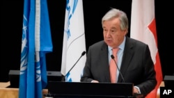 UN Secretary-General Antonio Guterres delivers a statement during the UNHCR - Global Refugee Forum at the European headquarters of the United Nations in Geneva, Switzerland, Dec. 17, 2019.