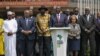 Kenya's President William (foreground) flanked by various African heads of state outside the venue of the Africa Climate Summit held at the Kenyatta International Convention Center in Nairobi, Kenya on September 6, 2023. 