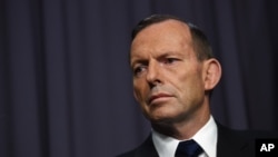 Perdana Menteri Australia Tony Abbott dalam konferensi pers di Canberra, April 2015.