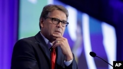  In this Sept. 6, 2019, file photo, Energy Secretary Rick Perry speaks at the California GOP fall convention in Indian Wells, Calif. Perry pushed Ukraine’s president earlier in 2019 to replace members of a key supervisory board at Naftogaz.