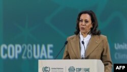 FILE - US Vice President Kamala Harris speaks during the Tripling Renewable Energy and Doubling Energy Efficiency by 2030 session at the COP28 United Nations climate summit in Dubai on December 2, 2023.