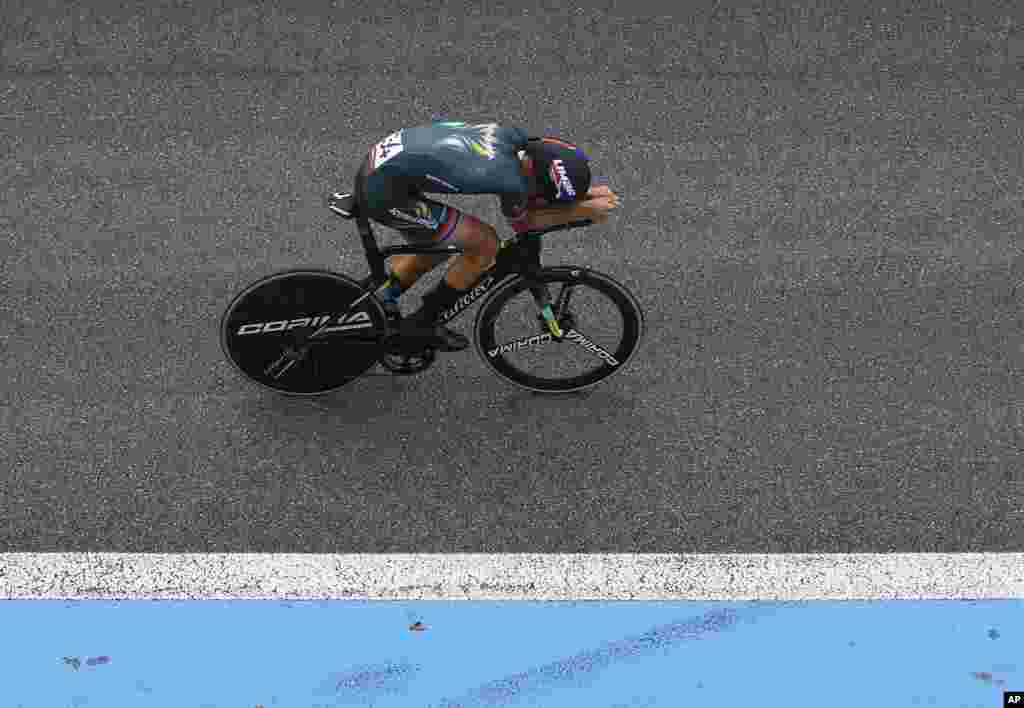 Tokyo Olympics CyclingStefan de Bod of South Africa competes during the men's cycling individual time trial at the 2020 Summer Olympics, Wednesday, July 28, 2021, in Oyama, Japan. (Tim de Waele/Pool Photo via AP) Graphic content warning