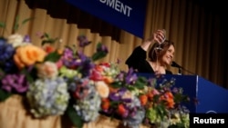 White House Correspondents' Association President Margret Margaret Talev speaks at the White House Correspondents' Association dinner in Washington, U.S., April 28, 2018. 