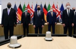 US Secretary of Defense Lloyd Austin, Italian FM Luigi Di Maio, Secretary of State Blinken, Turkish Foreign Minister Cavusoglu, NATO Secretary-General Stoltenberg and British Foreign Secretary Raab during a meeting in Brussels, Apr. 14, 2021.