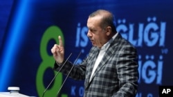 Turkey's President Recep Tayyip Erdogan speaks during a meeting in Istanbul, Turkey, May 8, 2016. Long known to be sensitive to humor when he is the target, Erdogan challenged numerous satirists and comedians on the limits of free speech.