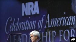 Former speaker of the House of Representatives Newt Gingrich addresses the National Rifle Association's 140th annual meeting, April 29, 2011 in Pittsburgh.