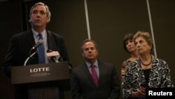 Senator Jeff Merkley addresses a news conference as U.S. lawmakers David Cicilline, from left, Betty McCollum, and Jan Schakowsky look on in Yangon, Myanmar, Nov. 21, 2017.