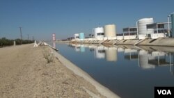 The Semitropic Water Storage District in Wasco, California, sends water back to the state water system in wet times to offset the pumping of groundwater in dry times. (Screen grab from video by M. O'Sullivan/VOA)