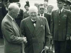 President Dwight D. Eisenhower shakes hands with British Prime Minister Winston Churchill after the Bermuda Conference between the United Kingdom and the United States in 1953. (Courtesy - U.S. Library of Congress)