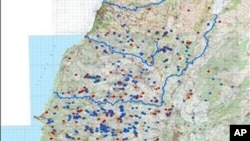 Image released by Israeli Defence Force (IDF) shows a map which is marked to show what Israel says are nearly 1,000 various underground bunkers, weapons storage facilities and monitoring sites built by Hezbollah guerrillas in Lebanon, March 31, 2011