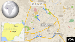 Map tempat masjid di Kano, Nigeria, wilayah dimana terjadinya ledakan pada Jumat, 28/11/2014. 