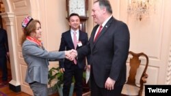 美国国务卿蓬佩奥与米娜握手(2019年3月26日) (图片来自蓬佩奥推特)