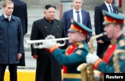 North Korean leader Kim Jong Un attends a welcome ceremony as he arrives at the railway station in the Russian far-eastern city of Vladivostok, Russia, April 24, 2019.