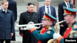 North Korean leader Kim Jong Un attends a welcome ceremony as he arrives at the railway station in the Russian far-eastern city of Vladivostok, Russia, April 24, 2019. 