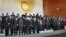 African heads of state, joined by Palestinian President Mahmoud Abbas, sixth from left in front row, and UN Secretary-General Ban ki-Moon, third from right in front row, pose for a group photograph at the annual African Union summit held at the AU headquarters in Addis Ababa, Ethiopia, Jan. 30, 2015. 