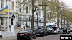 General view the site where police fired shots after a vehicle rammed the parked car of Ukraine's ambassador, outside the Ukrainian embassy in London, Britain, April 13, 2019.