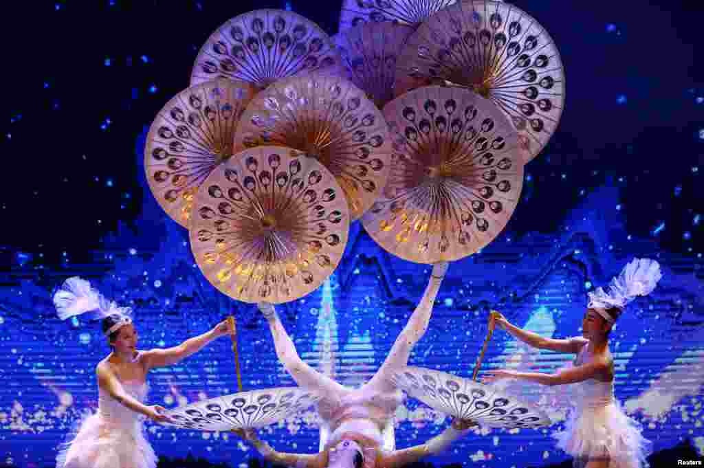 Performers take part in a celebration for the upcoming Chinese New Year at Lisinski hall in Zagreb, Croatia.