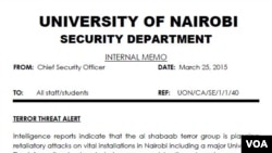 Copy of the terror warning issued to students at University of Nairobi last week. (Click to enlarge)