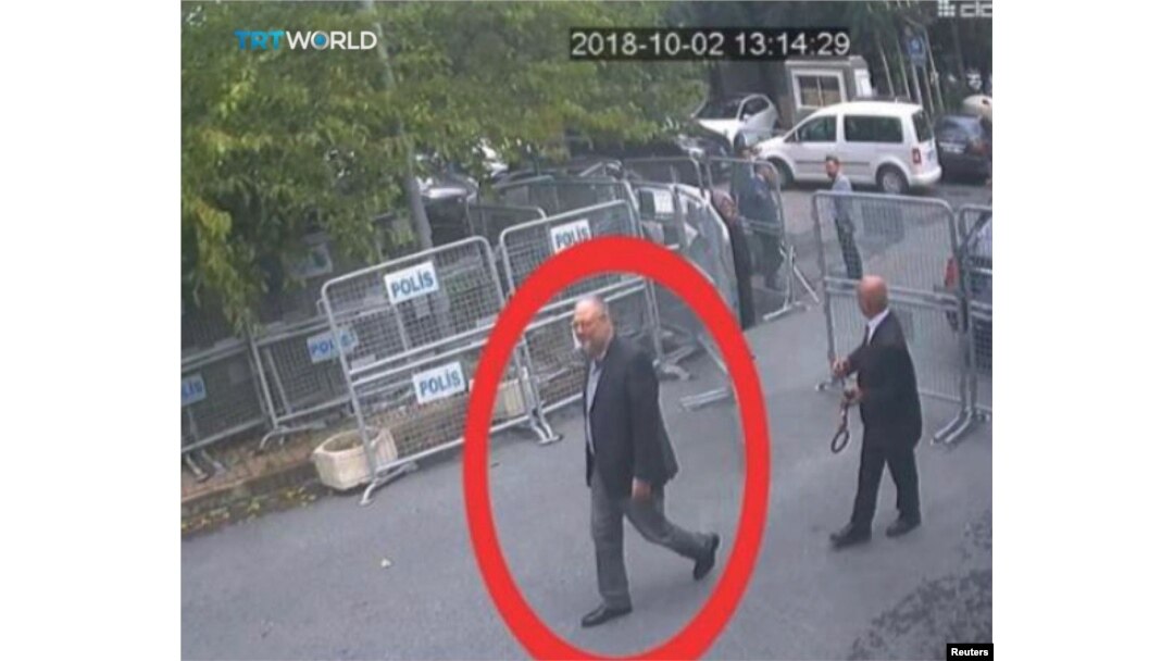 A still image taken from CCTV video and obtained by TRT World claims to show Saudi journalist Jamal Khashoggi, highlighted in a red circle by the source, as he arrives at Saudi Arabia's Consulate in Istanbul, Turkey, Oct. 2, 2018.