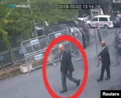 A still image taken from CCTV video and obtained by TRT World claims to show Saudi journalist Jamal Khashoggi, highlighted in a red circle by the source, as he arrives at Saudi Arabia's Consulate in Istanbul, Turkey, Oct. 2, 2018.