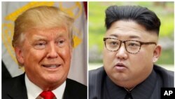 Une combinaison de photos montre le président américain Donald Trump à New York, le 21 septembre 2017 et le dirigeant nord-coréen Kim Jong-Un dans cette image non datée publiée par l'agence de presse coréenne de Corée du Nord à Pyongyang, le 4 septembre 2017.