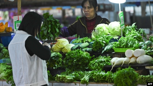 This photo taken on November 1, 2021 shows a resident buying vegetables at a market in Nanning, in China's southern Guangxi region. (Photo by AFP)