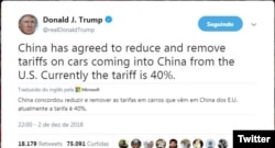 Tweet de Donald Trump sobre tarifas em exportações de carros para a China