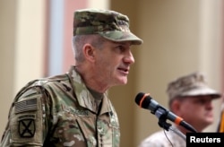 FILE - U.S. Army General John Nicholson speaks during a change of command ceremony in Resolute Support headquarters in Kabul, Afghanistan, March 2, 2016.