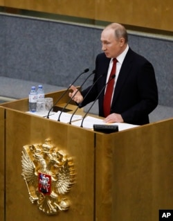 Russian President Vladimir Putin speaks a session prior to voting for constitutional amendments at the State Duma, the Lower House of the Russian Parliament in Moscow, March 10, 2020.