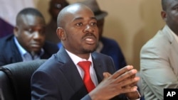 Opposition leader Nelson Chamisa addresses a media conference at party headquarters in Harare, Zimbabwe, Aug, 25, 2018. 