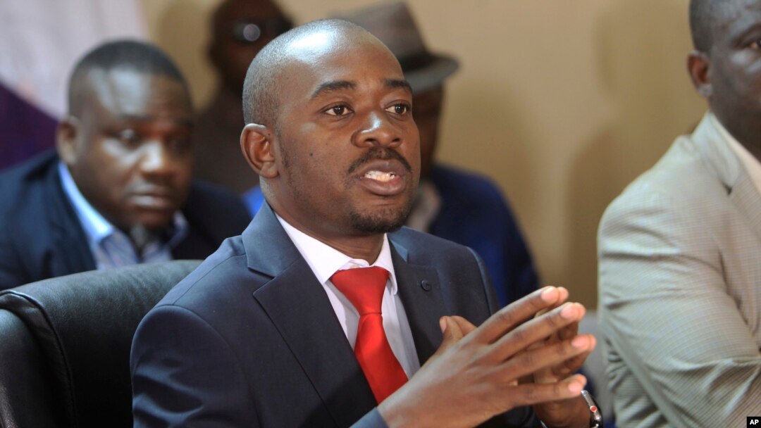 FILE - Opposition leader Nelson Chamisa addresses a media conference at party headquarters in Harare, Zimbabwe, Aug, 25, 2018. 