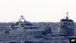 An image released by the Israel Defense Forces (IDF) shows the two Gaza-bound boats carrying pro-Palestinian activists in the Mediterranean Sea, November 4, 2011.