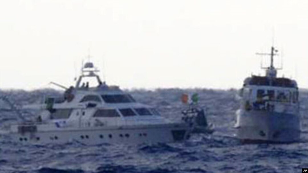 An image released by the Israel Defense Forces (IDF) shows the two Gaza-bound boats carrying pro-Palestinian activists in the Mediterranean Sea, November 4, 2011.