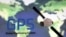 지도 위에 놓인 GPS(Global Positioning System) 로고와 인공위성 모형